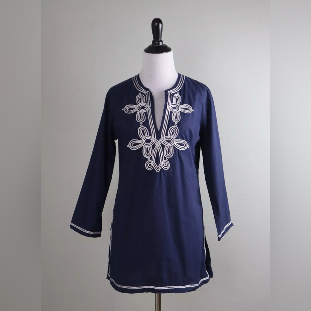 gretchen scott navy blue long sleeve tunic with silver embroidery
